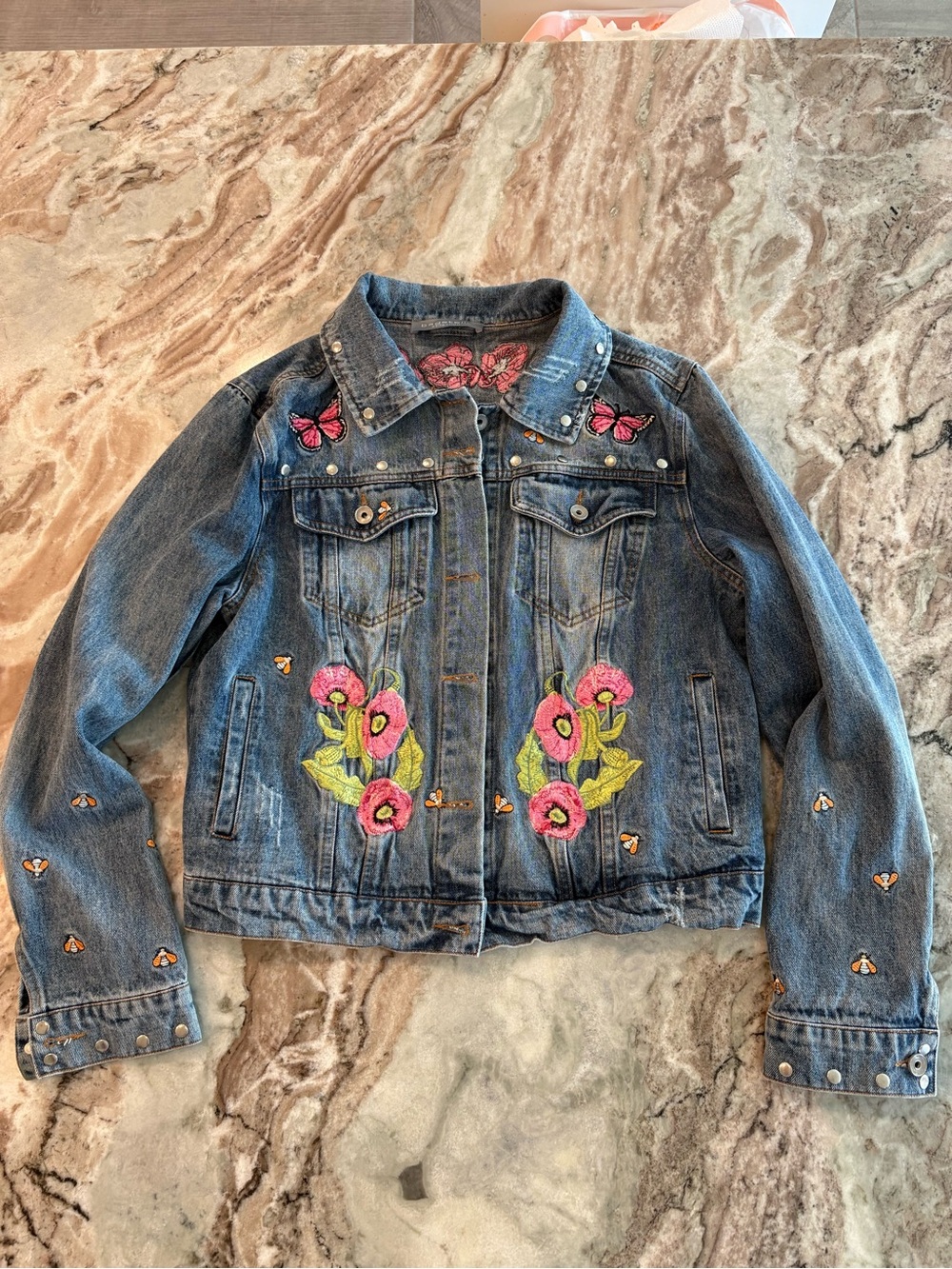 Festival Denim Jean Jacket Full Embroidered Flower Bees Studs Medium - Picture 2 of 15